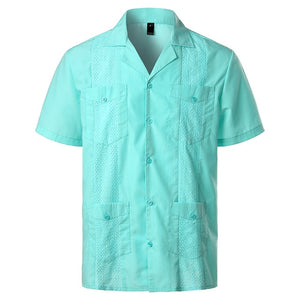 Men's Traditional Cuban Camp Collar Guayabera Shirt Short Sleeve Embroidered Mexican Caribbean Style Beach Shirt with 4 Pocket