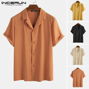 Summer Cotton Men Casual Shirt Lapel Solid Color Short Sleeve Camisas Streetwear Breathable 2020 Brand Men Basic Shirts INCERUN